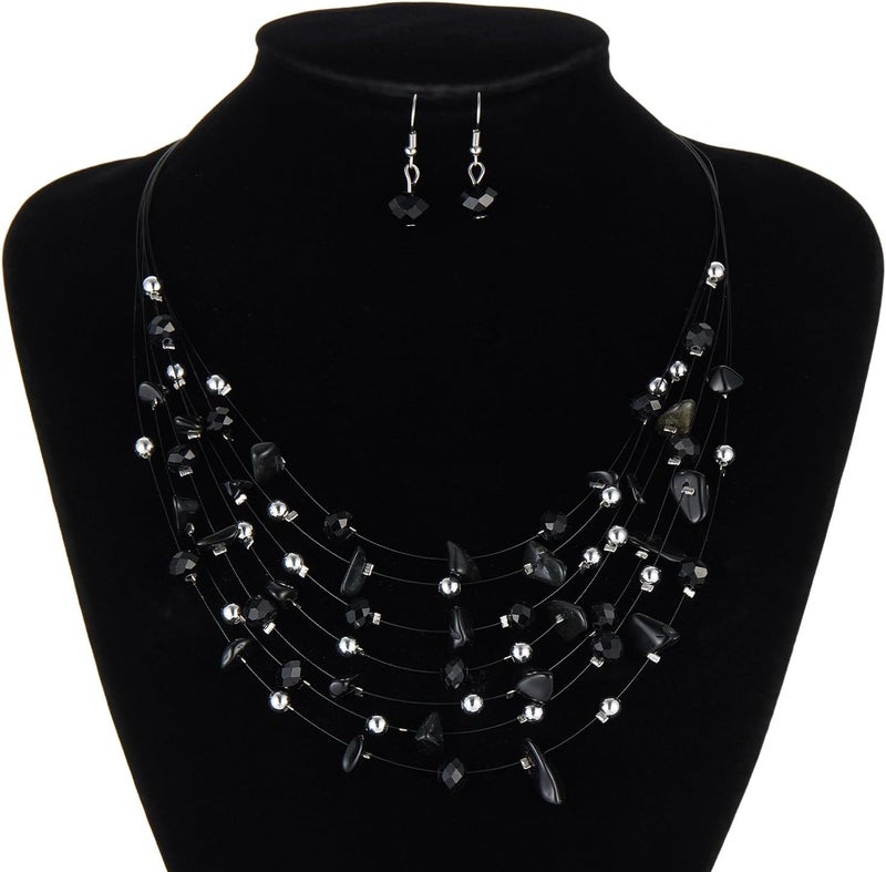 Errally Store Multi-Layer Boho Shell Beaded Necklace for Women Colorful Crystal Strand with Silver Beads Statement Collars Necklace and Earrings Costumes Jewelry Sets for Women - Image 4